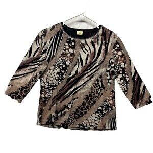 Jess & Jane Wilderness Exotic Animal Print 3/4 Sleeve Top With Bling Sz Small